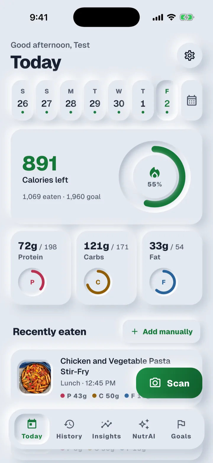 Dish Detective Today screen with calories left, macro rings and logged meals